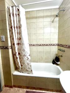 een badkamer met een bad en een douchegordijn bij Departamento Temporal Constituyentes in Santa Fe +9 foto's