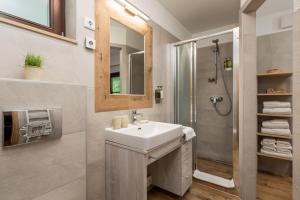 un bagno con lavandino e doccia di Gorska bajka - Jela, kuća za odmor i wellness a Stara Sušica Altre 28 foto
