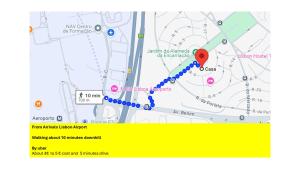 a map with a red marker and a blue trail at The Coolest Place near the airport! in Lisbon