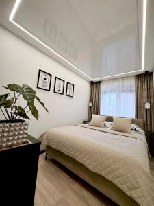a bedroom with a large bed and a window at Welcome City Centre Apartments in Klaipėda