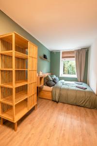 a bedroom with a bed and a book shelf at City Apartment Cosy Altstadt- Parkplatz-Garten-Wlan in Erfurt