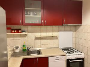 a kitchen with red cabinets and a sink at Apartman Nono in Dubrovnik