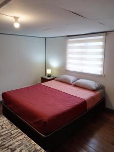 Un dormitorio con una gran cama roja con ventana. en Casa Antigua, en Valdivia
