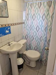 un baño con inodoro y lavabo en Casa Antigua, en Valdivia
