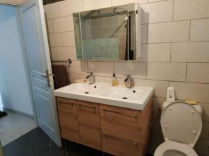 een badkamer met een wastafel, een toilet en een spiegel bij Maison Noyarey in Noyarey