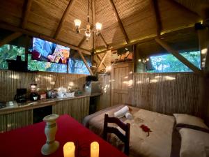 NaranjoにあるCasa del Arbol Feel Goodのベッドとテーブルとテレビのある部屋