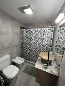 a bathroom with a sink and a toilet and a shower at Luz del Rincón in Merlo +41 photos
