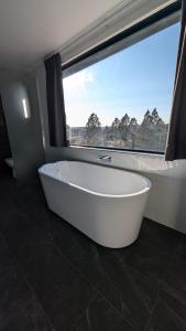 a bath tub in a bathroom with a large window at Cooma High Country Motel in Cooma +34 photos