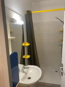 a bathroom with a sink and a shower curtain at Appartement Canelle in Baimbridge +7 photos