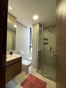 ein Badezimmer mit Dusche, Toilette und Waschbecken in der Unterkunft cómodo departamento bien ubicado in Hamacas + 25 Fotos