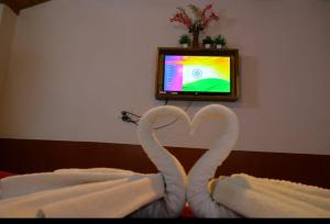 Uma televisão e/ou sistema de entretenimento em Hotel Hilltop At Mall Road Manali With Open Terrace