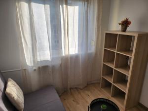 a room with a window with curtains and a book shelf at LIZO Deluxe apartman in Székesfehérvár