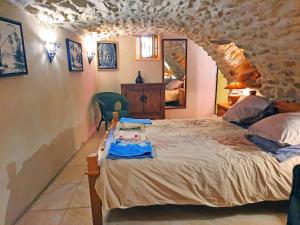 ein Schlafzimmer mit einem großen Bett in einer Steinmauer in der Unterkunft La calade de Joux in Chassiers + 31 Fotos