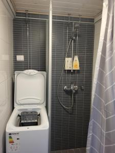 a bathroom with a shower with a toilet and a sink at Kaunis kaupunkiasunto, täydellinen sijainti! in Lahti +15 photos
