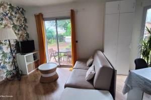 a living room with a couch and a television at Appartement avec jardin à Saint Jean d'Illac in Saint-Jean-dʼIllac