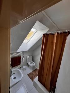 an attic bathroom with a toilet and a skylight at Apartmán Zuzka in Radoma
