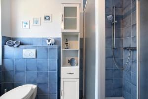 a blue tiled bathroom with a shower and a toilet at Ferienwohnung Ingwersen Nordstrand in Nordstrand +14 photos