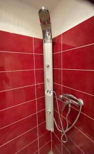 a red tiled wall with a shower in a bathroom at Luminous apartment in Kehl near Strasbourg, conveniently located next to a tram stop with direct access to Strasbourg city centre in Kehl am Rhein +46 photos