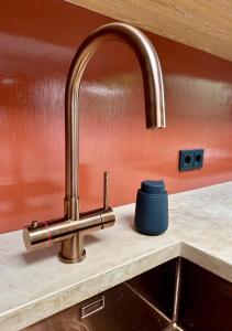 a kitchen sink with a faucet and a blue cup at City Oasis in The Hague