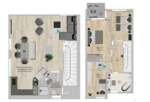 een plattegrond van een appartement en een afbeelding daarvan bij CASA 8070 - Modern Living - Große Maisonette für Familien, Gruppen & Geschäftsreisende in Ingolstadt