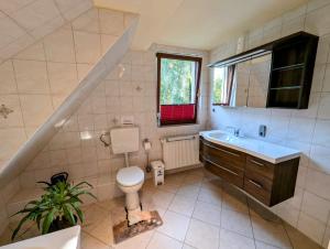 a bathroom with a toilet and a sink and a window at Ferienwohnung Suchomski in Baabe +11 photos
