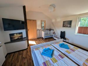 a bedroom with a bed with blue pillows on it at Ferienwohnung Suchomski in Baabe