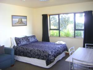 Catlins Newhaven Holiday Park في Owaka: غرفة نوم بسرير ونافذة