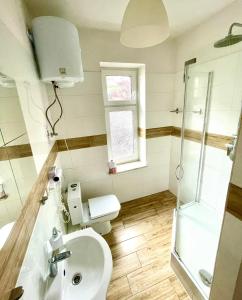 a bathroom with a sink and a toilet and a shower at Colourful Rooms Wrocław in Wrocław