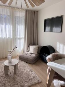 una sala de estar con un sofá y una mesa en Baby Jane, Studio front de neige, en Isola 64 fotos más