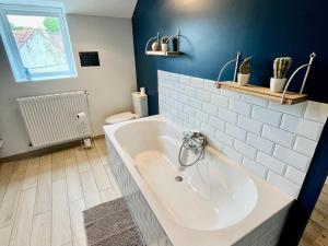 a bathroom with a tub and a blue wall at Maison entière 6 chambres in Saint-André-lez-Lille +26 photos