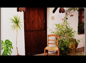 a wooden door with a chair in front of a house at La Carrihuela Amarilla in Algodonales +15 photos