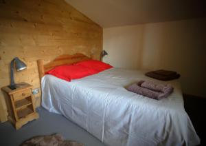 a bedroom with a large bed with a wooden wall at CH719 - Chalet 10 Pers aux Carroz in Les Carroz d'Araches