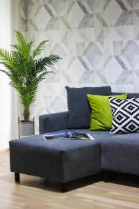a blue couch in a living room with a plant at Sara - Stylish Apt with Balcony near Piata Obor in Bucharest