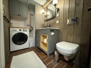 a bathroom with a toilet and a washing machine at Large cabin with spectacular views in Geilo in Geilo +52 photos