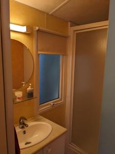 Un baño con lavabo, espejo y ventana. en Mobil home agreable et fonctionnel, en Besse-et-Saint-Anastaise