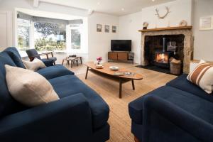 a living room with blue couches and a fireplace at Border View Cottage in Duddo