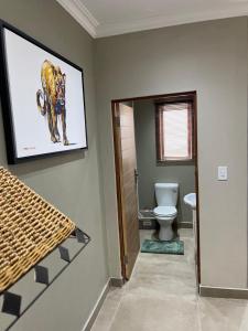 a bathroom with a toilet and a picture on the wall at Mountain Dew Guest House in Noordkaap +9 photos