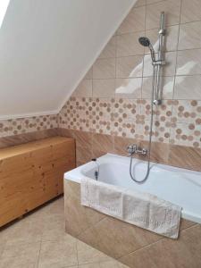 a bathroom with a bath tub with a shower at Apartment Balatonboglar 7 in Balatonboglár