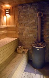 a corner of a sauna with a stove in it at Pokoje Gościnne u Wioli in Jurgów