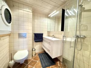 a bathroom with a toilet and a sink and a shower at Cozy Ski-In Ski-Out Apartment on Geilo, Stunning Views! in Geilo +38 photos