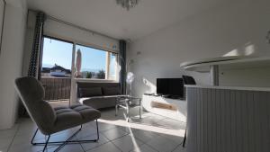 a living room with a couch and a television at FLEUR De LYS - PROCHE CENTRE VILLE ET LAC in Thonon-les-Bains