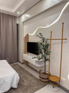 a bedroom with a bed and a tv and a plant at Haiya's Staycation Aesthetic & Cozy in Tagaytay in Biluso