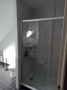 a glass shower in a bathroom with a toilet at Angenehmes Haus in Perros-Guirec +17 photos
