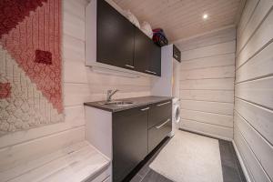 a small kitchen with a sink and a washing machine at Levillas koutakaari 6B in Levi +31 photos