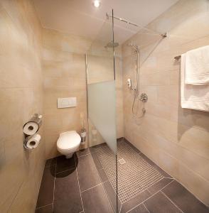 a bathroom with a toilet and a glass shower stall at Hotel Steuer in Allenbach