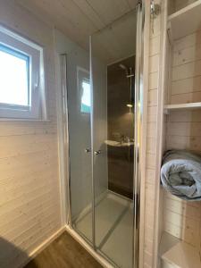 a shower with a glass door in a bathroom at Hausboot Sophie in Stralsund in Stralsund