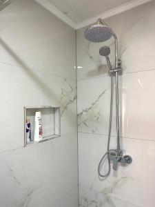 a bathroom with a shower with white marble at Villa Liqenat in Boge +26 photos