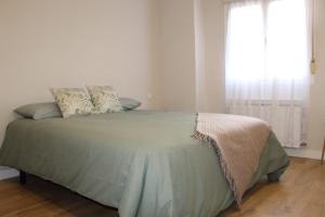 ログローニョにあるCasa Leireのベッドルーム1室(ベッド1台、緑の掛け布団、窓付)
