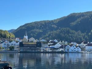 a small town on the water with a mountain at Sea side stay in Sand in Åsen