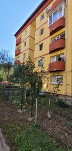 a yellow building with trees in front of it at Casa Rusu - Govandari -Self check in-24h Netflix in Reşiţa
